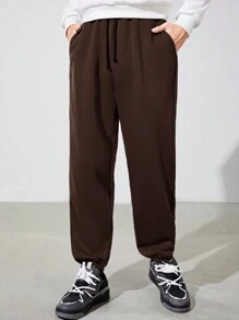 SHEIN Thiếu niên Con trai Giải trí Màu thuần Quần Chạy bộ Với Đàn hồi Cổ tay áo - màu nâu - Xem 5