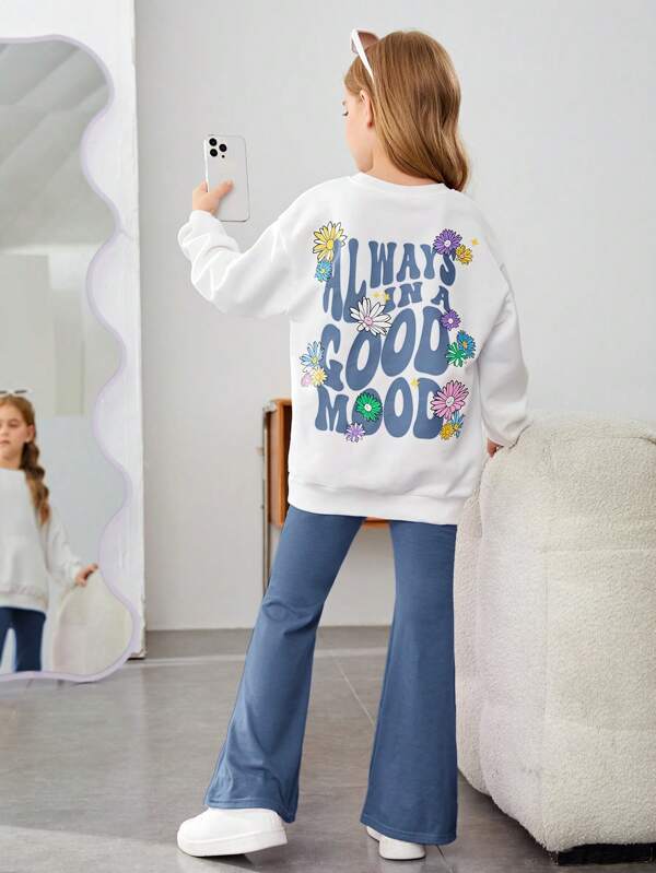 SHEIN Tween Girls' Loose Knit Sweatshirt With Slogan Print & Flared Pants, Casual 2pcs/Set