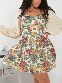 SHEIN CURVE+ Kích thước lớn Tay áo lồng đèn In hoa Đầm - Nhiều màu - Xem 1