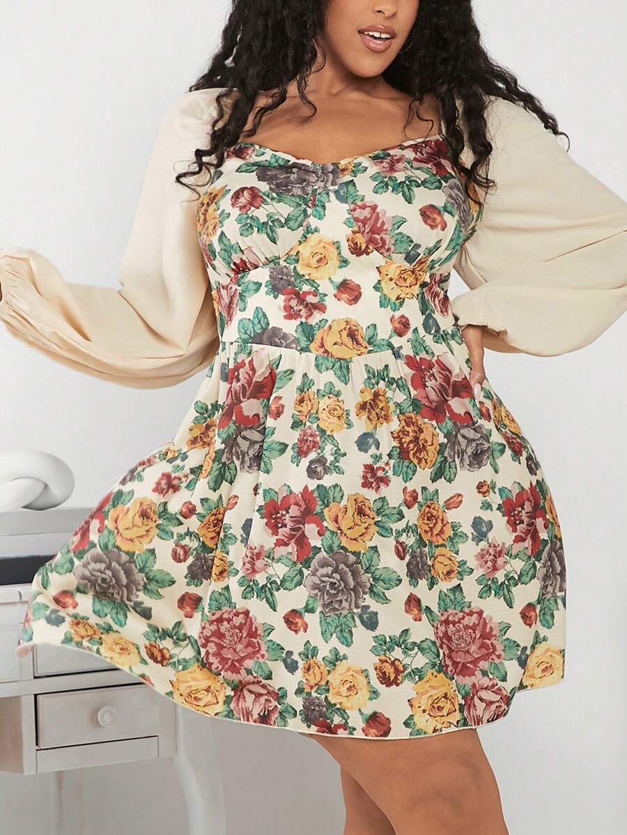 SHEIN CURVE+ Kích thước lớn Tay áo lồng đèn In hoa Đầm - Nhiều màu - Xem 1