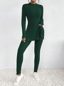 SHEIN Frenchy Mock Neck Split Hem Ribbed Knit Tee & Leggings  Commute Minimalist Office Old Money  Simple Winter Green Casual Christmas Spring - Green - View 3