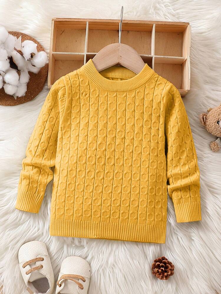 Baby Girls' Comfortable Solid Color Round Neck Casual Sweater For Daily Wear