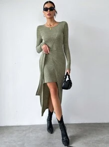 SHEIN Essnce 不对称下摆二合一连衣裙 - 軍綠色 - 查看 1