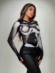 SHEIN SXY Của phụ nữ Cơ thể Hình ảnh In Tay áo dài Áo thun - Nhiều màu - Xem 4