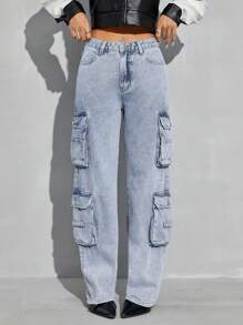 SHEIN ICON Cargo Denim Pants - Light Wash - View 1