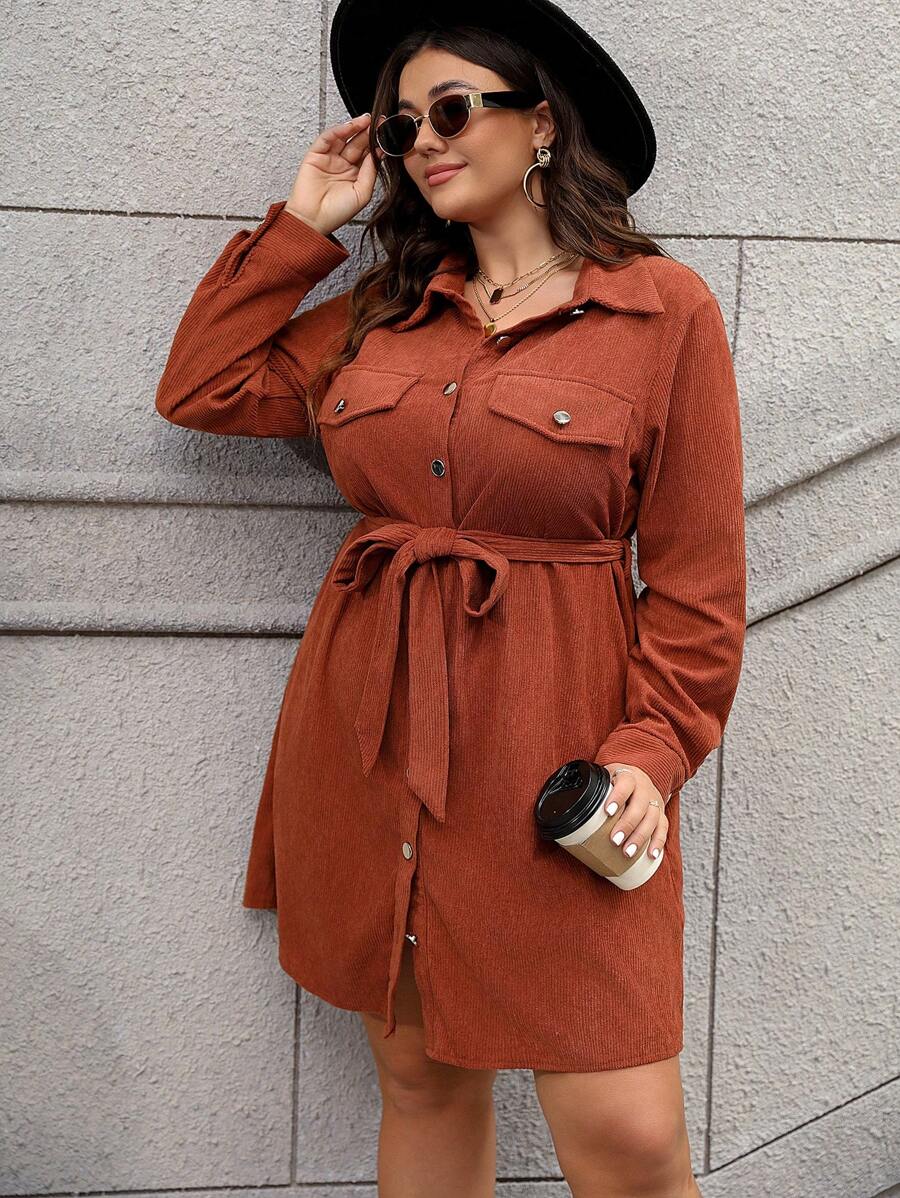 SHEIN LUNE Của phụ nữ Kích thước lớn Váy sơ mi Với Thắt Lưng - màu nâu - Xem 1