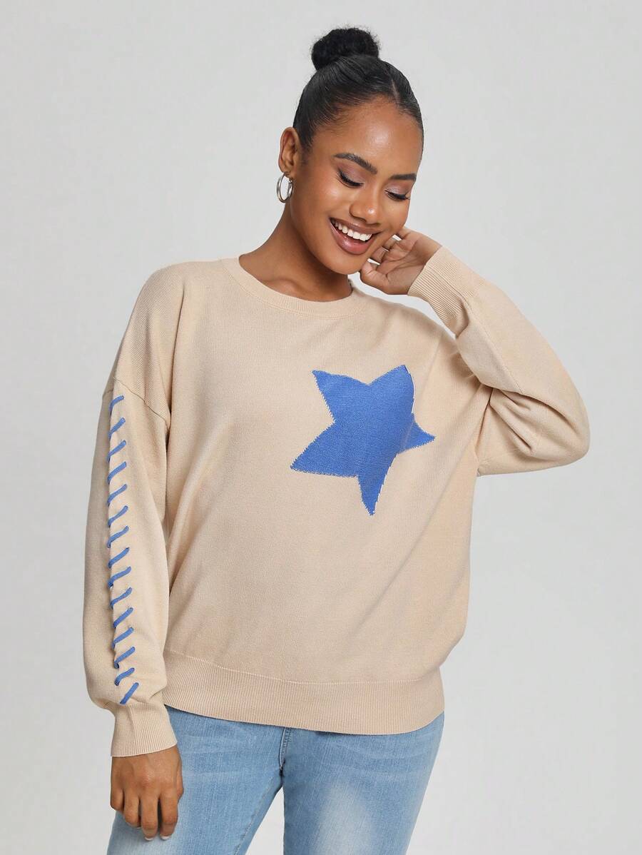 Threesuture Artist Star Pattern Round Neck Drop Shoulder Sweater, For Holiday, Vacation, Festival, Ibiza Fits Knit Pullover Fall Winter Sweater - Multicolor - View 1