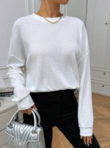 SHEIN LUNE 純色落肩套頭衫 - 白色 - 查看 4