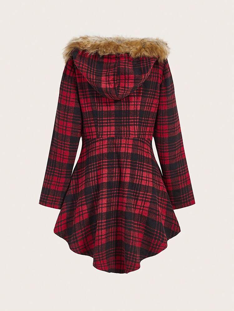 Plaid Print Fuzzy Trim Overcoat