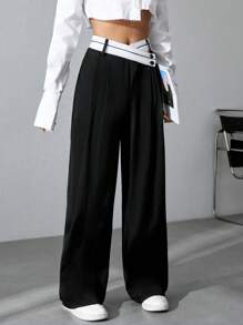 Flirla Women's Color Block Wide Leg Pants Wide Pantspants>Wide Legwide Leg Pantswide Leg Pants Womanwide Leg Pants Girls Fall Cloth For Women