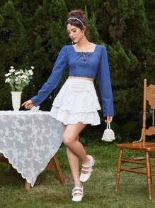 SHEIN MOD Women's Square Neckline Tie-front Denim Top - Medium Wash - View 6