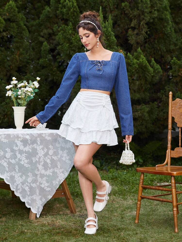 Women's Square Neckline Tie-front Denim Top