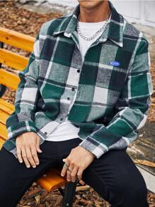 Manfinity Homme Men's Plus Size Plaid Woven Shacket With Letter Patches