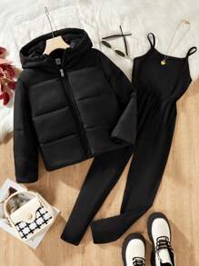 SHEIN Girls' (big) Hooded Long Sleeve Padded Coat And Suspender Jumpsuit Set - Black - View 1
