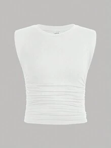 SHEIN Teenage Girls' Knitted Solid Color Pleated Casual Tank Top 2pcs/set - Black and White - View 8