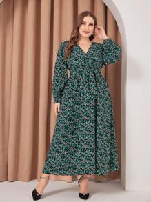 Modelyn 大尺碼女款植物印花長袖連身裙 - 墨綠色 - 查看 3