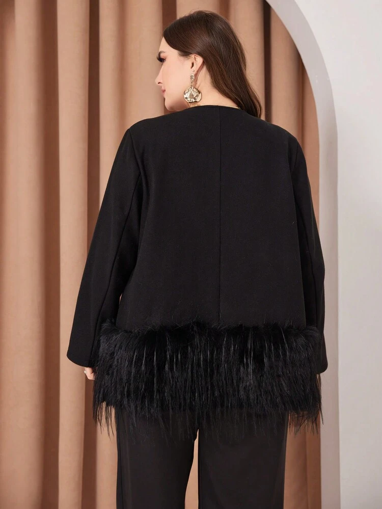 Plus Size Woolen Coat With Splicing And Fringe Hem, Waterfall Collar
