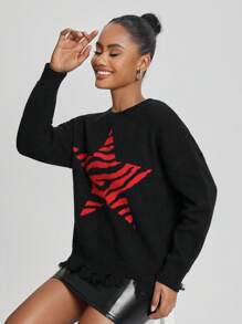 Rat Studio Women's Zebra Print Star Pattern Round Neck Drop Shoulder Sweater - Multicolor - View 1