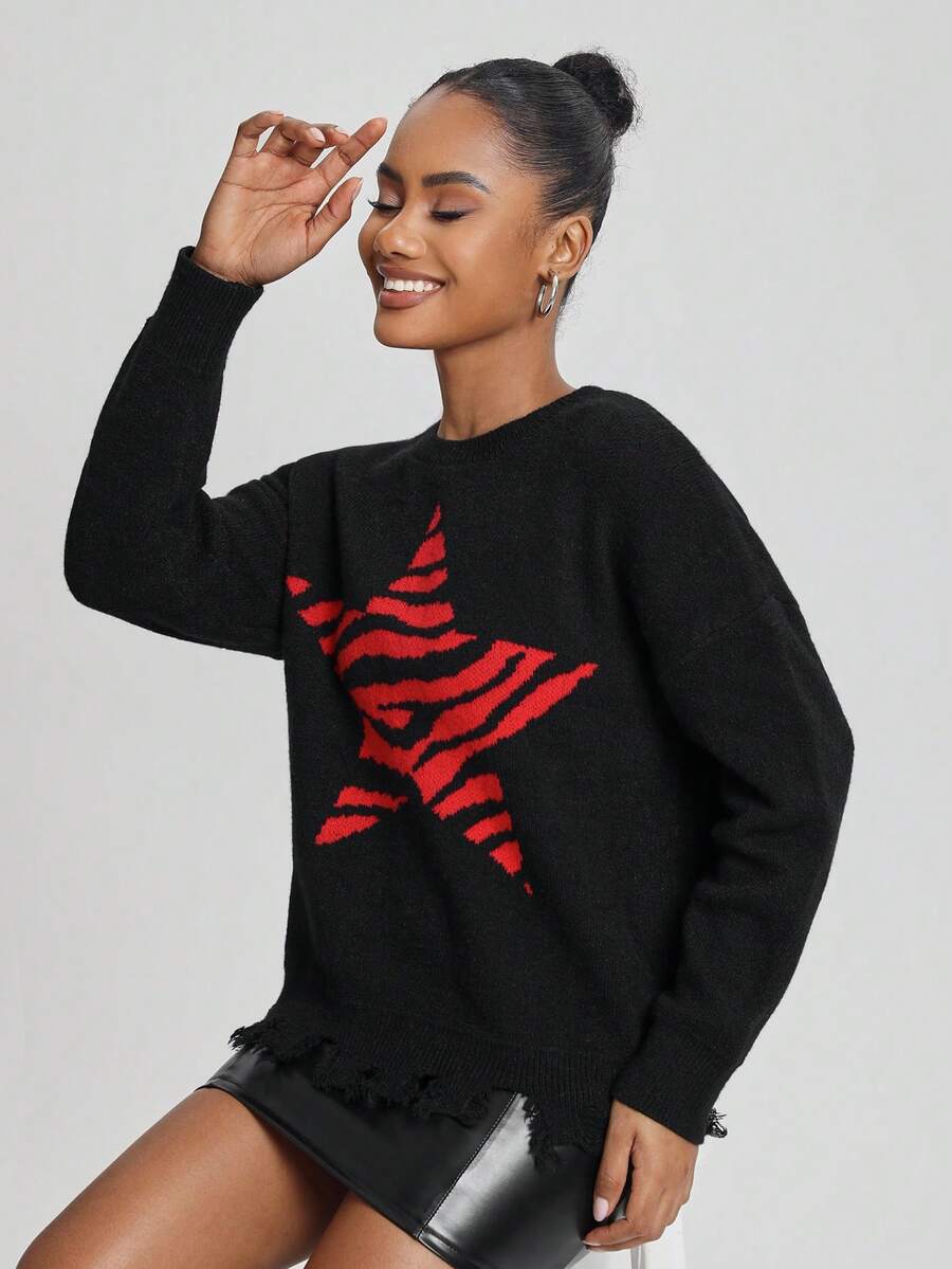 Rat Studio Women's Zebra Print Star Pattern Round Neck Drop Shoulder Sweater - Multicolor - View 1