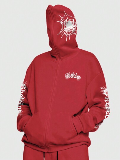 Goth Sudadera Con Capucha De Cremallera Con Gráficos Y Letras Para Hombre