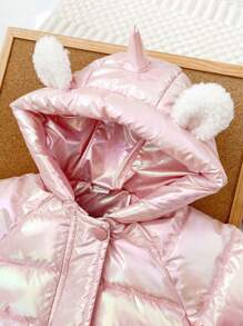 嬰兒女童帶包連帽棉衣,冬季時尚厚外套 - 粉色 - 查看 3