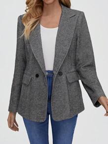 EMERY ROSE Lapel Neck Double Button Blazer - Dark Grey - View 5