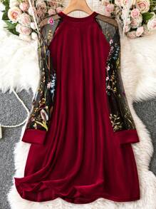 SHEIN Clasi Women's Plus Size Floral Embroidered Mesh Raglan Sleeve Dress - Red - View 2