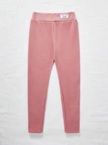 SHEIN Leggings Cortos De Color Liso Para Niña Adolescente Con Detalles De Canalé