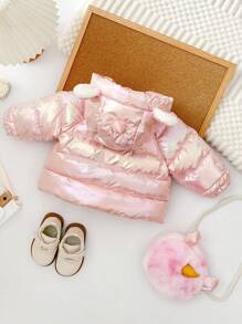 嬰兒女童帶包連帽棉衣,冬季時尚厚外套 - 粉色 - 查看 2