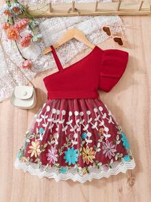 SHEIN Vestido De Cinturón De Malla Bordado Con Hombro De Volante Asimétrico Para Niñas Pequeñas - Burdeos - Ver 2