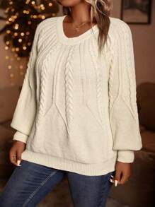 SHEIN LUNE Plus Size Cable Ribbed Sweater Knit Pullover Fall Winter Sweater - Apricot - View 7