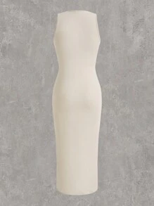 SHEIN EZwear Plus Solid Ribbed Knit Bodycon Dress - Beige - View 2