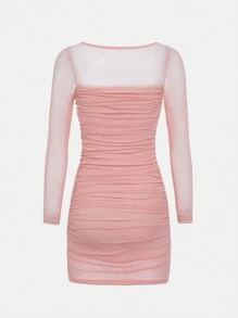 SHEIN Teen Girl Knitted Solid Square Neck Mesh Pleated Dress - Baby Pink - View 2