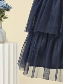 Vestido de fiesta con mangas con volantes y capas de tul para niñas preadolescentes - Azul Marino - Ver 5