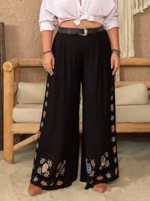 Rusttydustty Plus Size Flower Embroidery Wide Leg Pants - Black - View 6