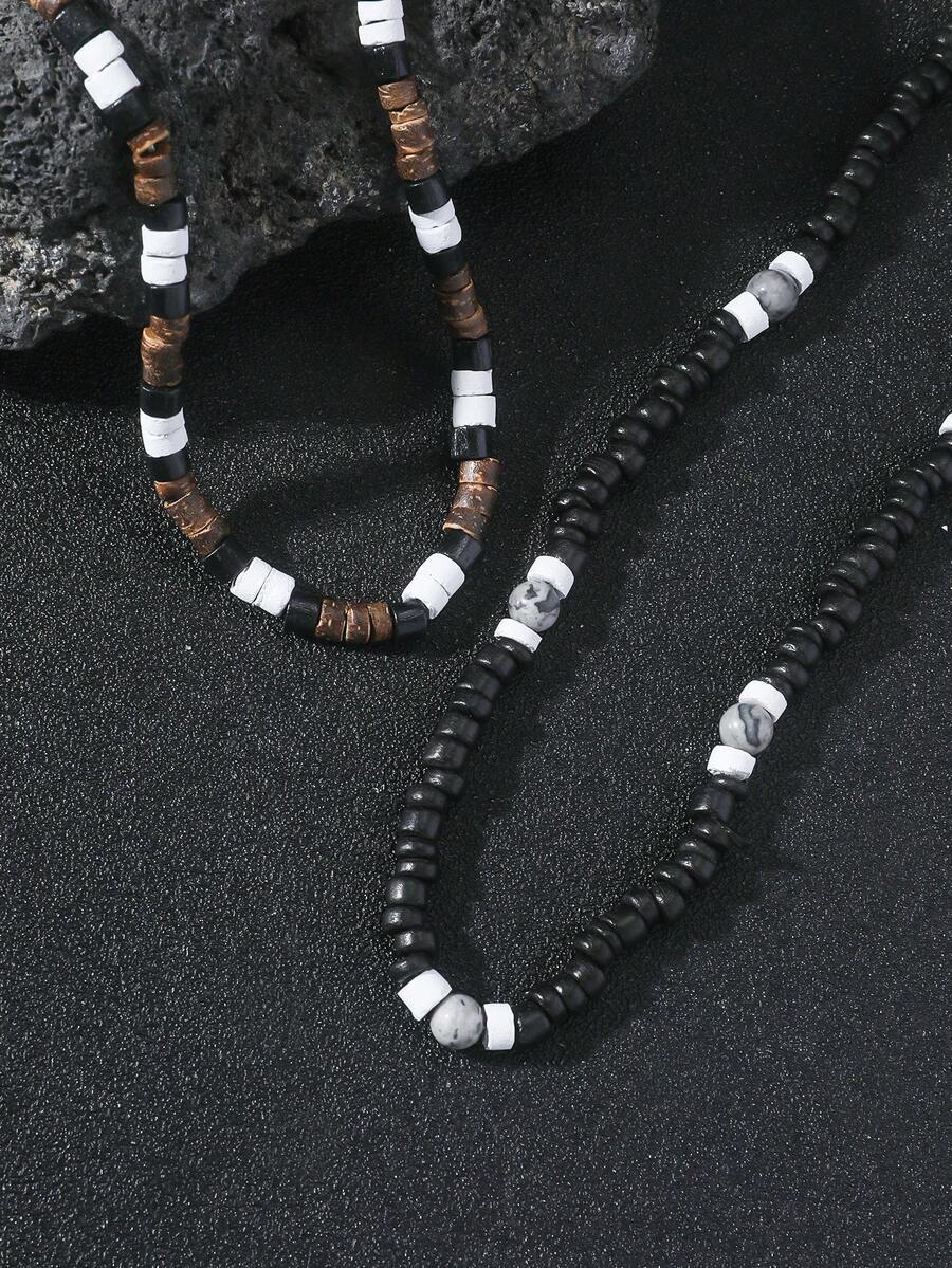 ROMWE Goth 2pcs Bohemian Vintage Style Natural Coconut Shell Beads String Stone Pendant Men's Necklace Set - Multicolor - View 1