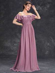 Off Shoulder Ruffle Trim Chiffon Bridesmaid Dress - Redwood - View 6
