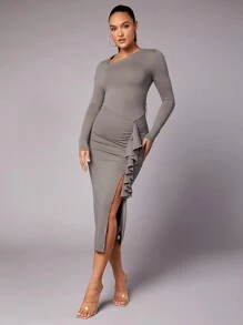 SHEIN BAE Asymmetrical Neck Ruffle Trim Split Thigh Dress - Grey - View 1