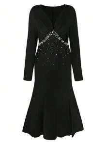 SHEIN Clasi 大碼女裝珠片褶皺人魚裙 - 黑色 - 查看 1