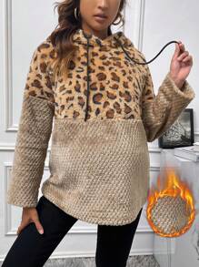 SHEIN Pregnant Women's Leopard Print Fleece Sportswear For Maternity, For Winter - Khaki - View 1