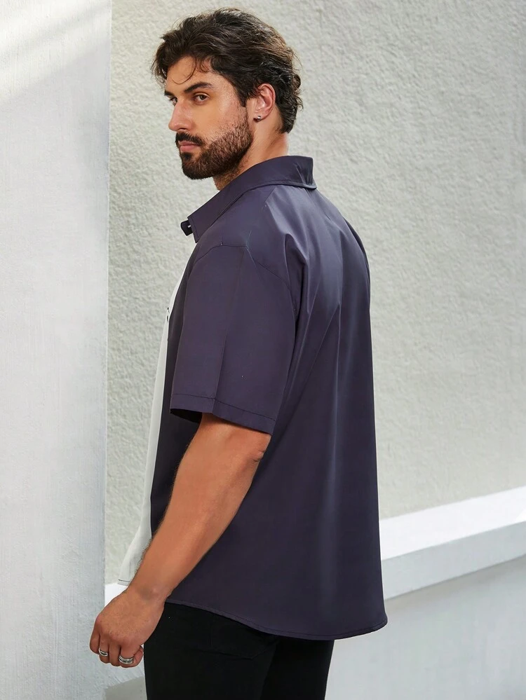 Men's Plus Size Letter Printed Color Block Shirt