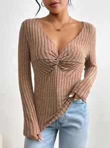 SHEIN Frenchy 女士打結前短t恤 - 摩卡棕 - 查看 4