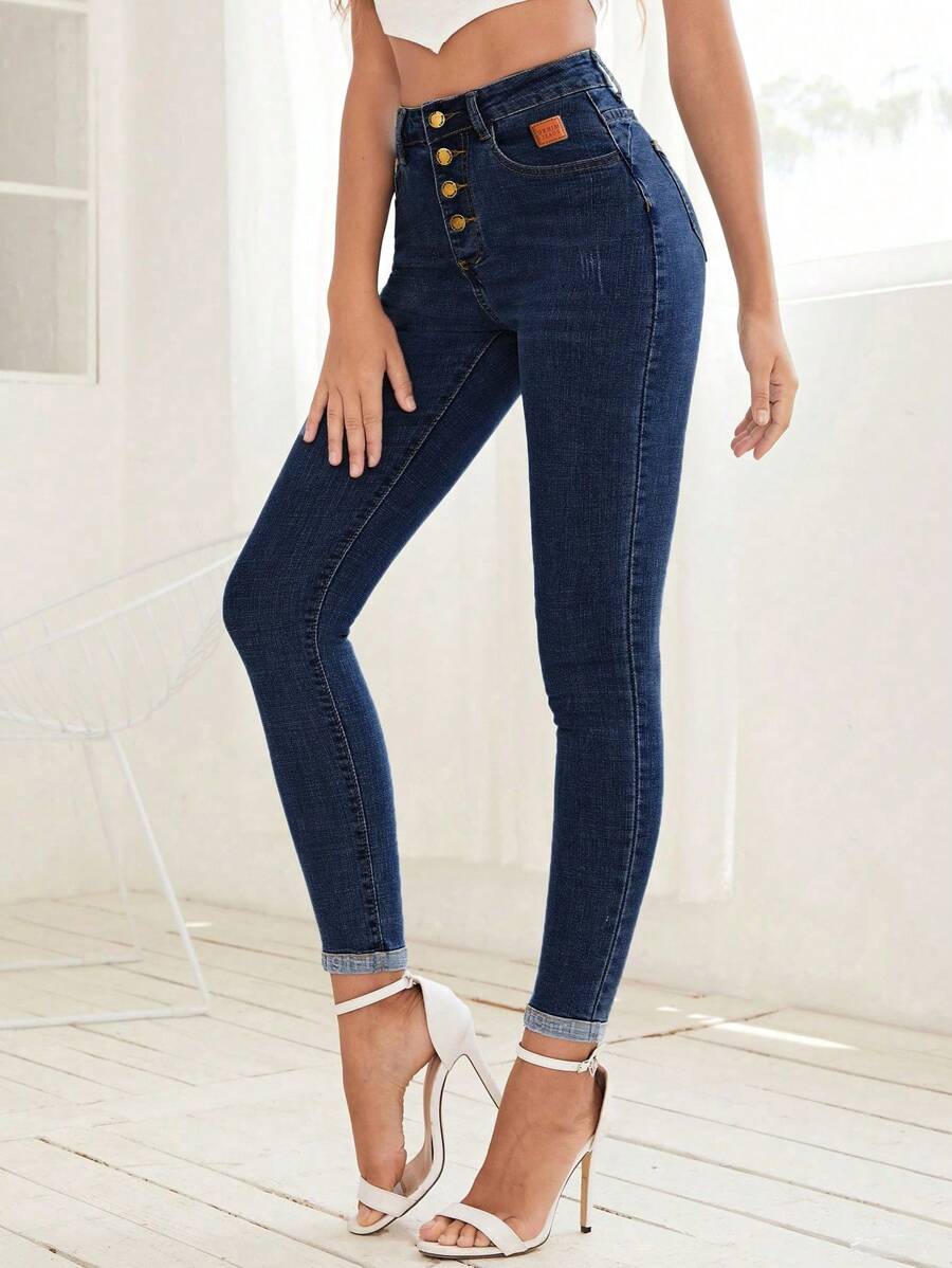 Selenza Button-front Slim Fit Denim Jeans - Dark Wash - View 1