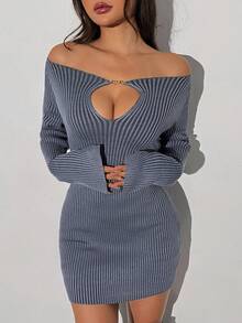 SHEIN Unity Women's Off Shoulder Knitted Sweater Dress With Chain Detail And Hollow Out Ribbed Design - Royal Blue - View 2