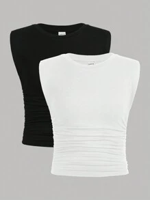 SHEIN Teenage Girls' Knitted Solid Color Pleated Casual Tank Top 2pcs/set - Black and White - View 1