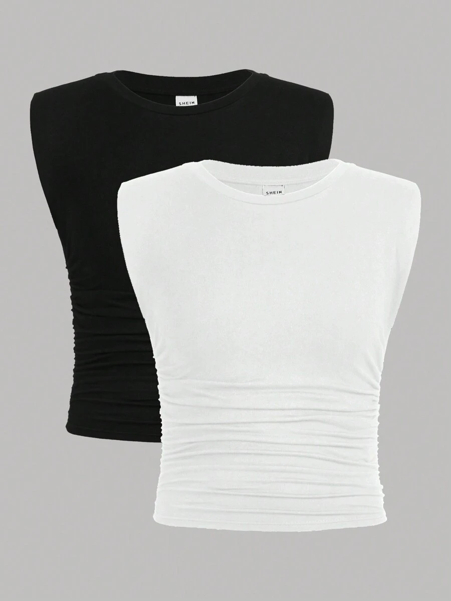 SHEIN Teenage Girls' Knitted Solid Color Pleated Casual Tank Top 2pcs/set - Black and White - View 1