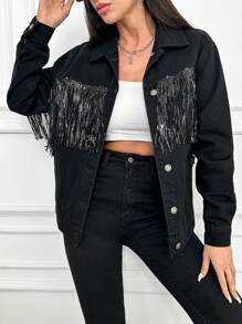 Chaqueta De Mezclilla Con Brillo Y Flecos Para Mujeres Con Botones Delanteros - Negro - Ver 1