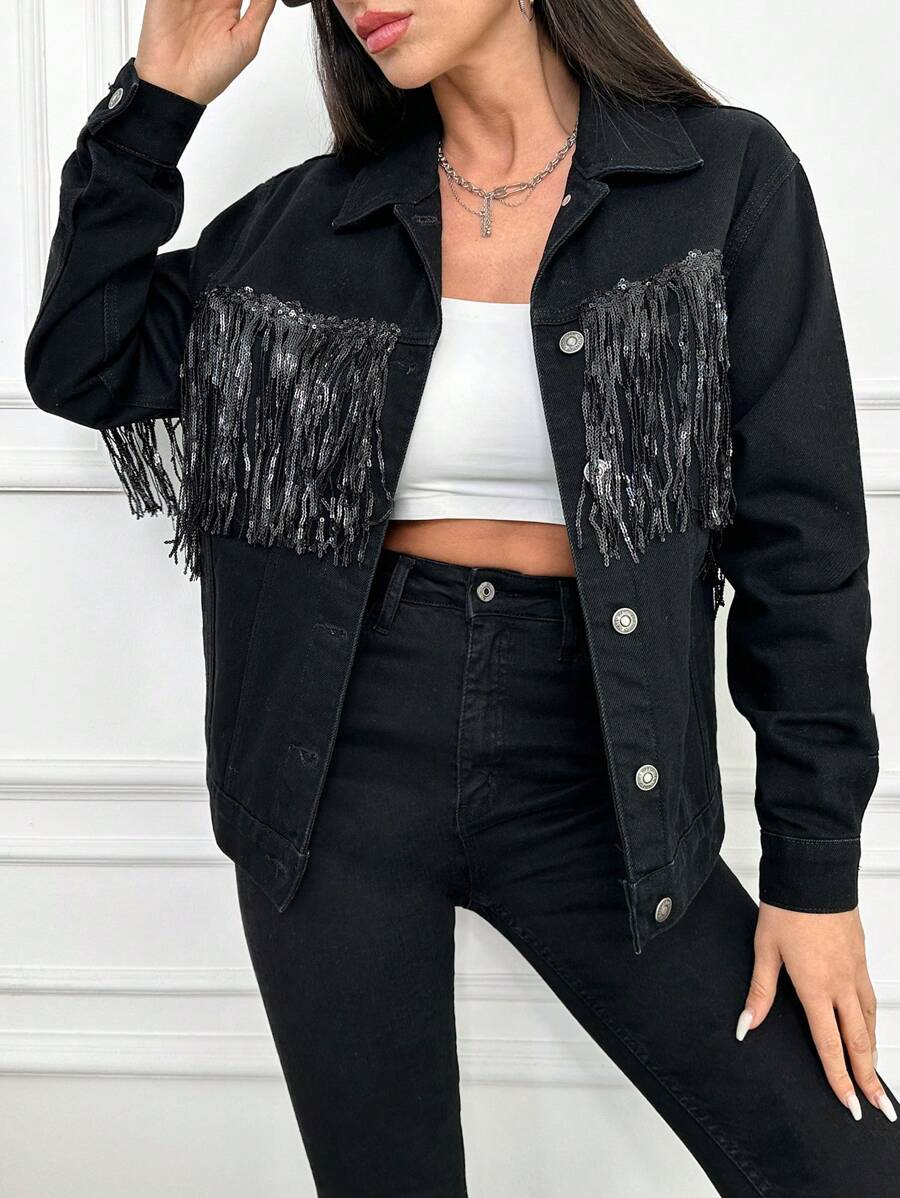 Chaqueta De Mezclilla Con Brillo Y Flecos Para Mujeres Con Botones Delanteros - Negro - Ver 1