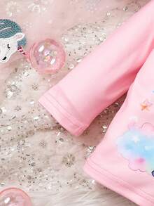 嬰兒女寶寶可愛的獨角獸紋長袖t恤,適用於秋季 - 粉色 - 查看 5