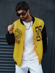 Manfinity Homme Veste De Baseball À Blocs De Couleur Imprimée Texte Taille Plus Pour Homme, Coupe Ample - Jaune citron - Voir 5
